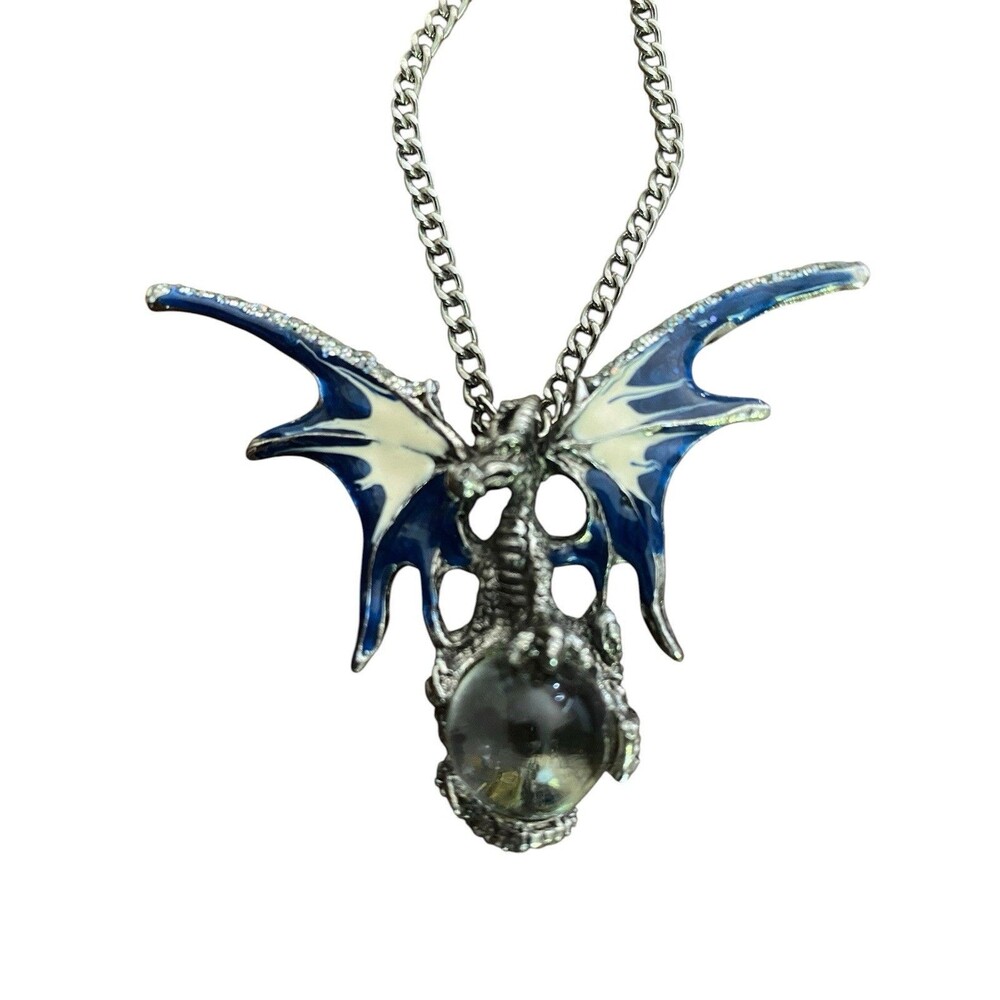 Mystical Pendant Necklace Blue Dragon Clear Crystal Ball Medieval Renaissance